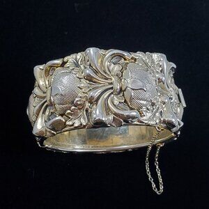 Whiting & Davis Wide Bracelet Gold Tone Repousse Botanical Hinged Cuff Baroque